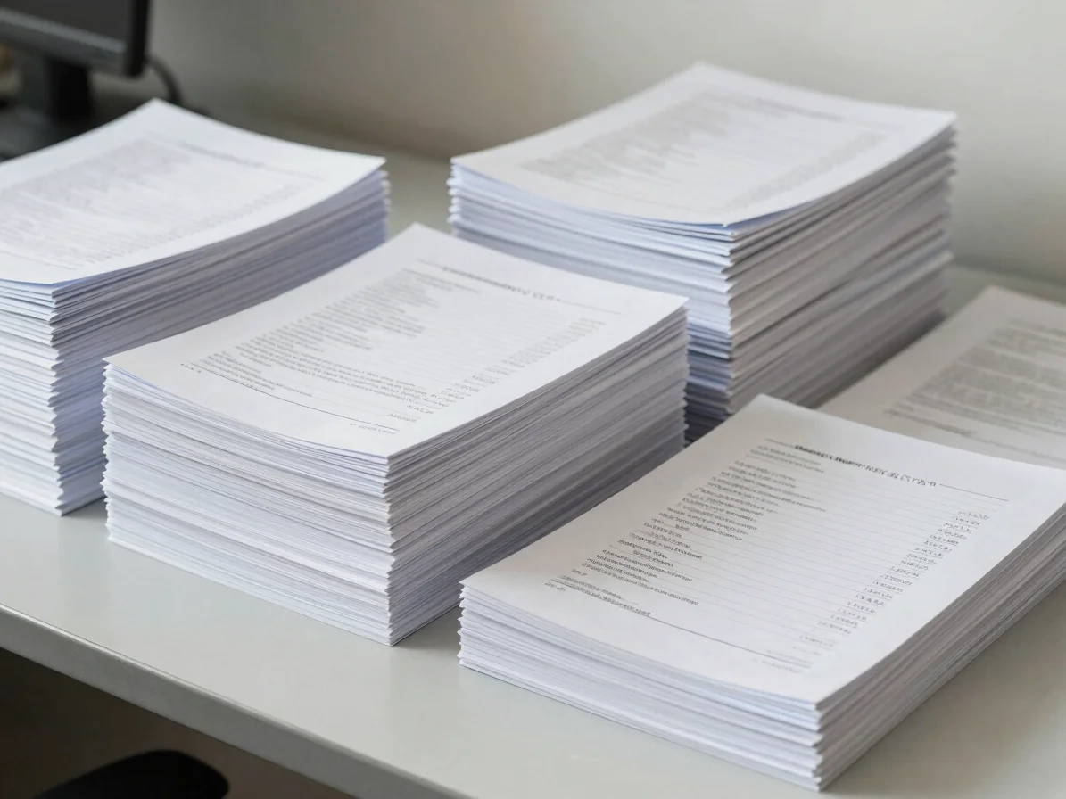 Crisp stacked paper reams and neatly sorted legal documents on a