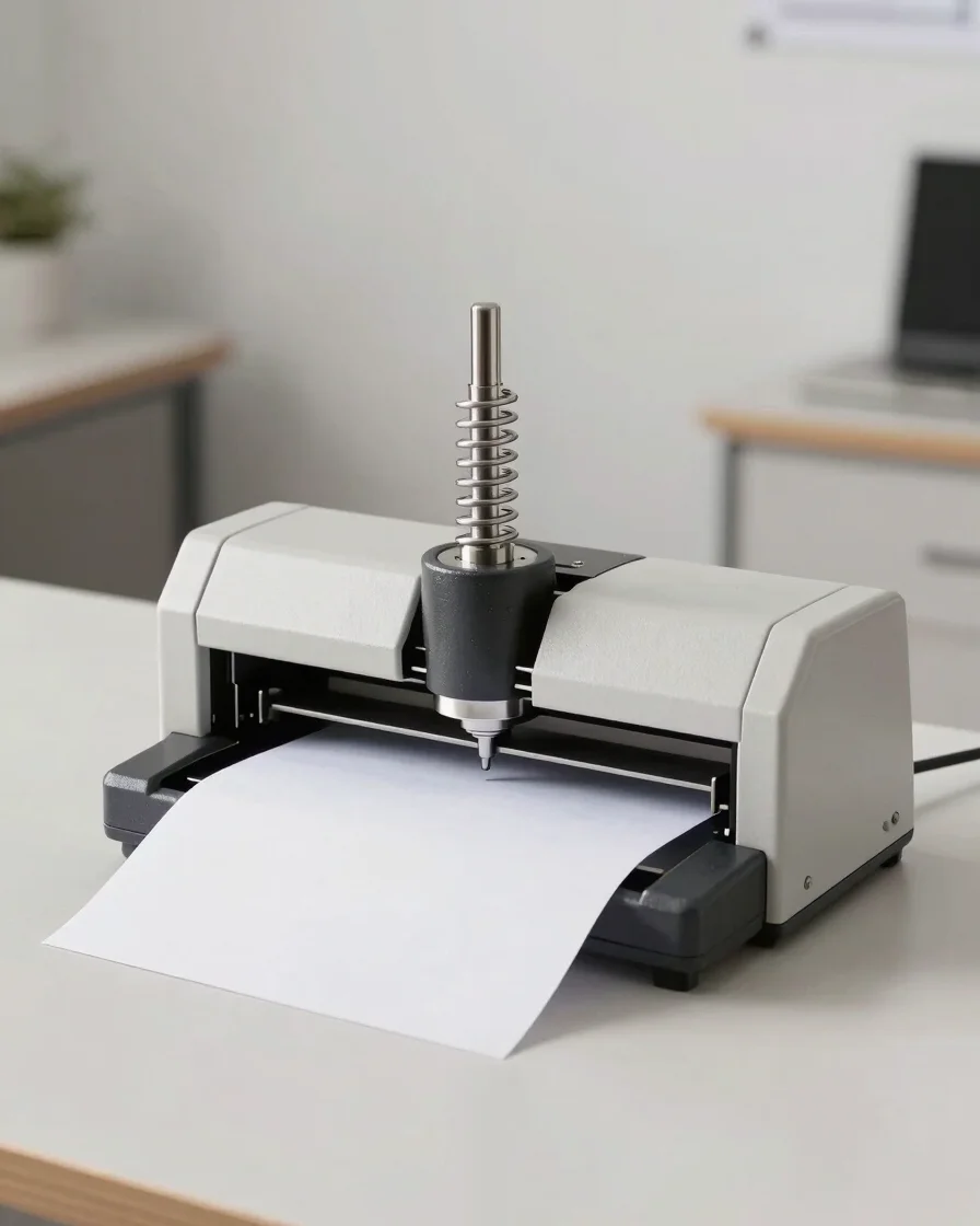 Crisp commercial photography of a precision spiral binding machine on a neutral office desk, bright neutral studio dayli